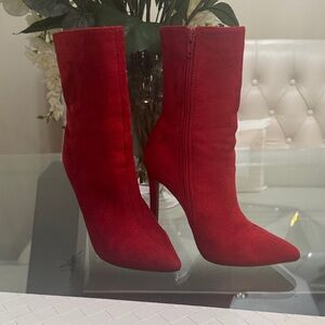 Red Pointed-Toe Stiletto Ankle Boots - Women